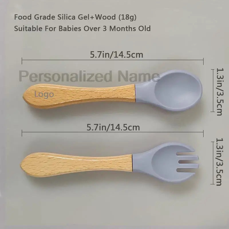 Baby Silicone Spoon & Fork Set – Soft BPA-Free Feeding Utensils with Wooden Handle - I YAN