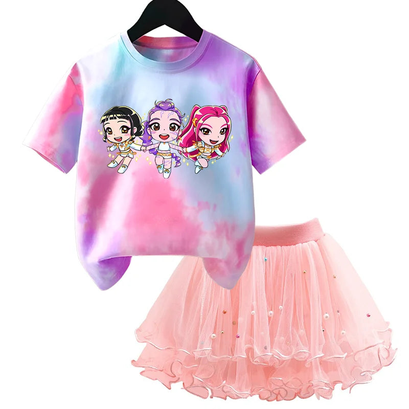K-Pop Hunters Zoey Mira Rumi Kids T Shirt Summer Girl Outfit T-shirt +Tutu Skirt Princess Clothes Suit Party Clothing Set