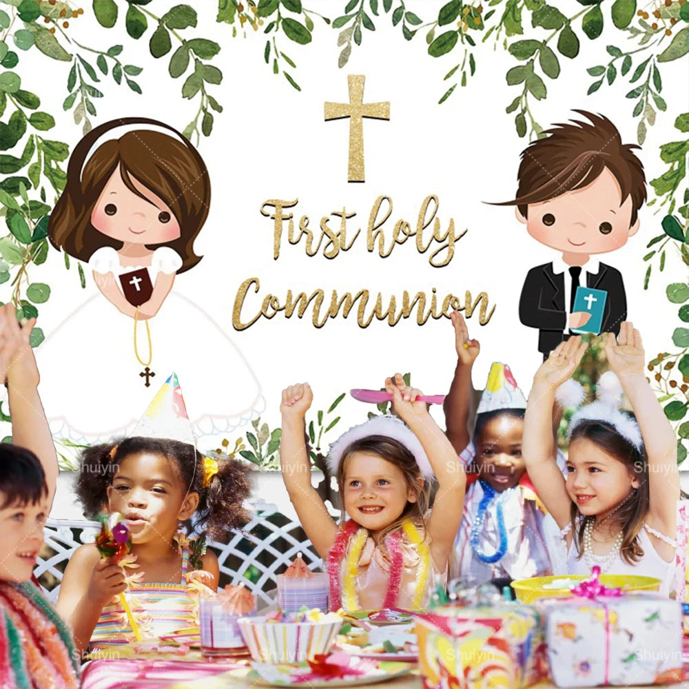 Boy Girl First Communion Backdrop Gold Cross Grail God Bless Baptism Party Decor Background Christening Baby Shower Photo Props