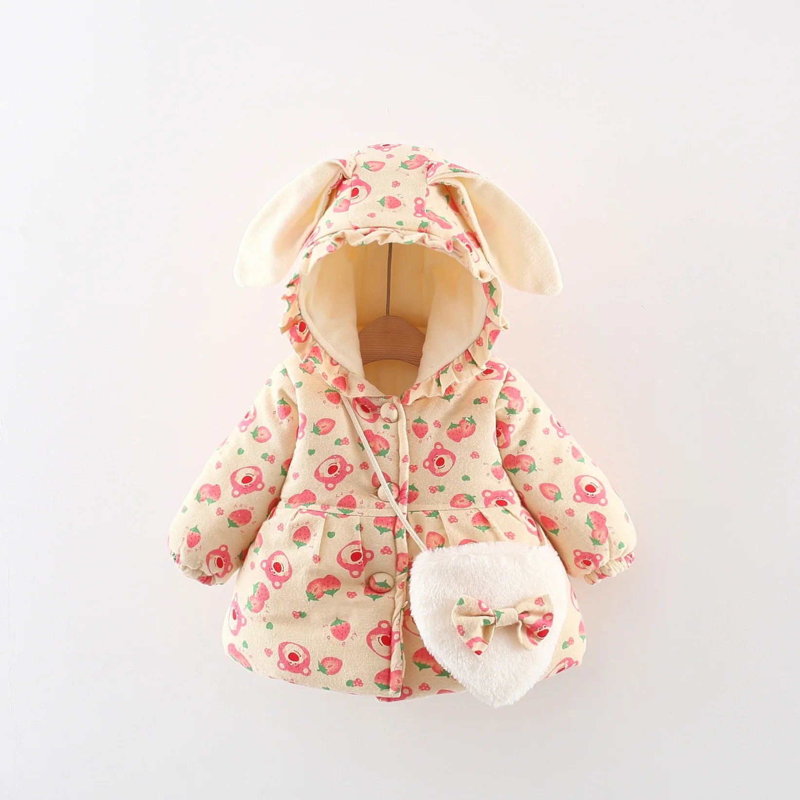 Winter Girls' Cotton Jacket, New Cute Children's Clothing, Solid Color Printed Girls' Cotton Jacket, Rabbit Ear Hooded Bag Gift