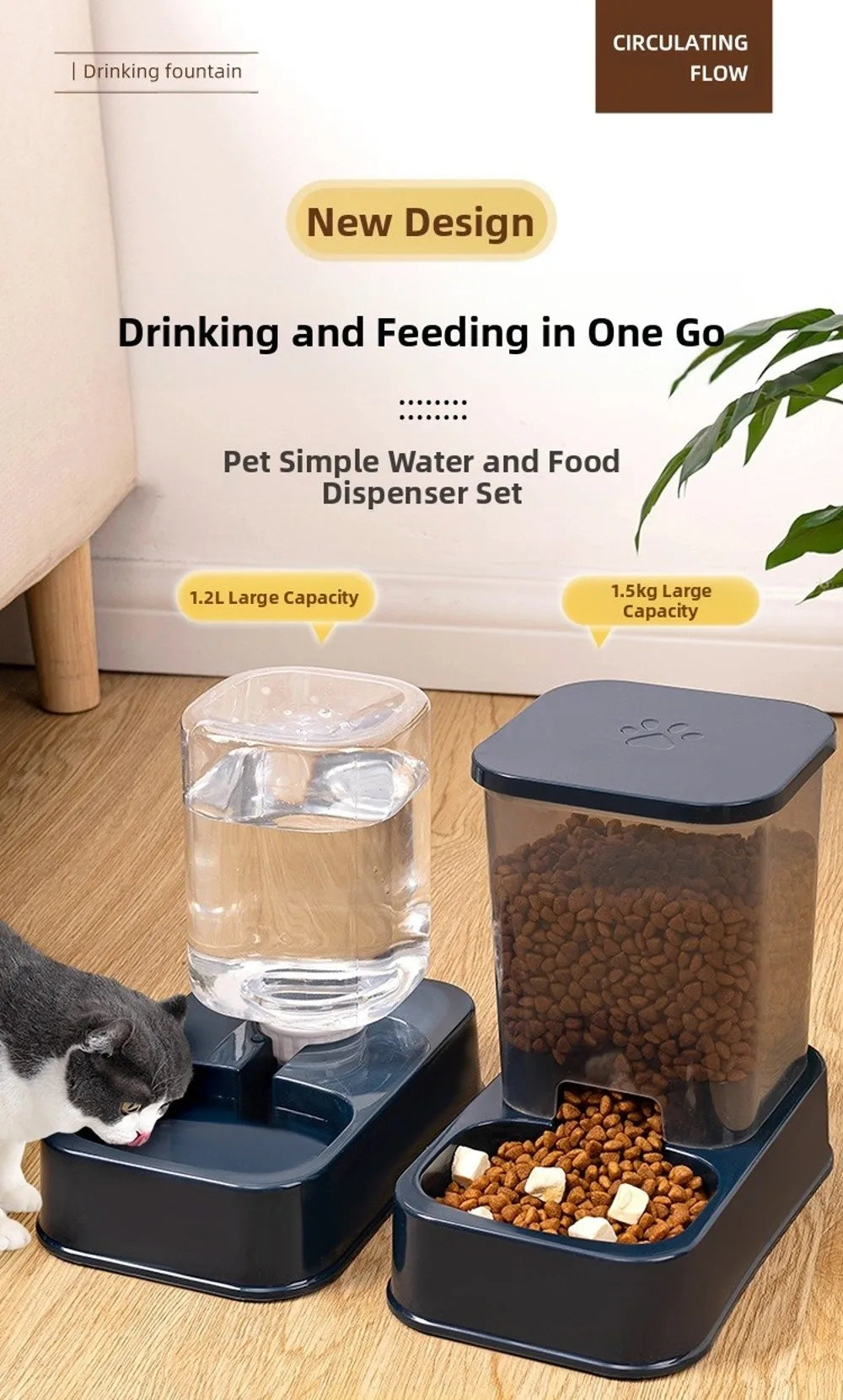 1.2L/1.5L Pet Automatic Feeder Plastic 2 Styles Cat Dog Water Dispenser Feeder Set Large Capacity 3 Colors