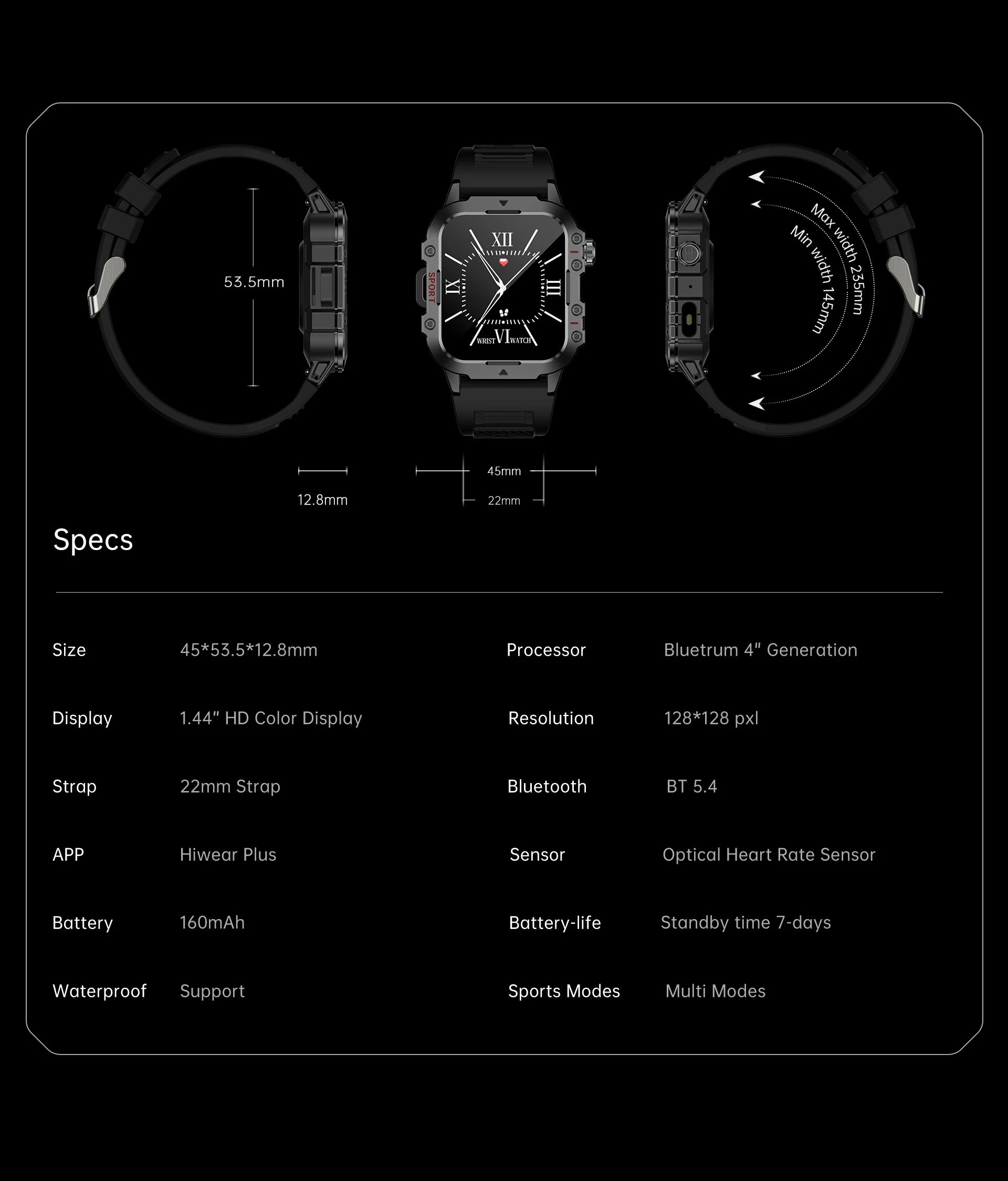 Smart Watch Android Phone 1.44'' Inch Color Screen Bluetooth Call Blood Oxygen/Pressure Monitoring Smart Watch Women Men