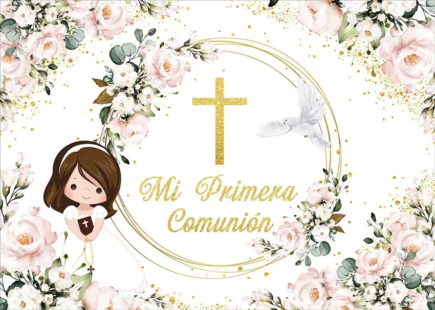 First Holy Communion Backdrop Gold Dots Flowers Gold Cross Boy or Girl My Baptism Party Decor Kids God Bless Photo Background