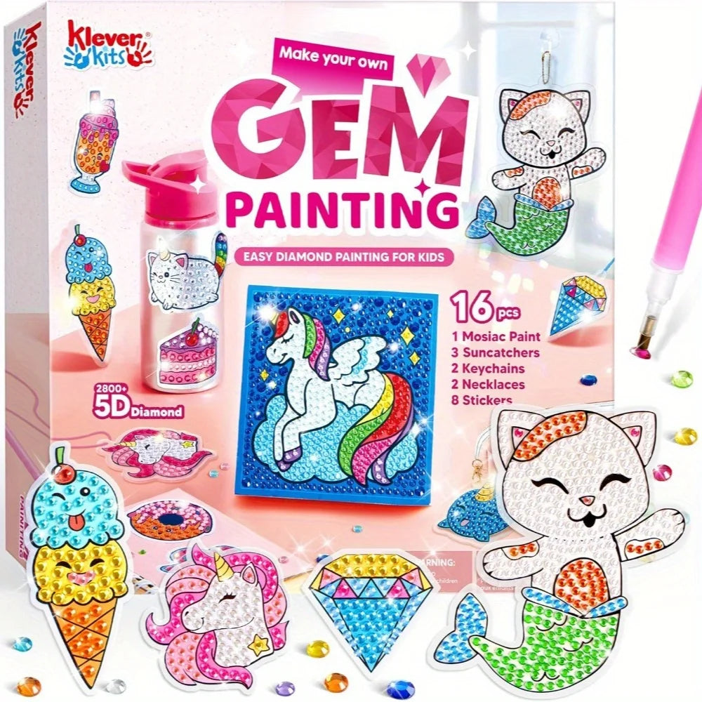 JOYFY 16 projects kids diamond gem painting kit by I YAN with colorful gem crafts for girls ages 6-12, includes 5D gem craft activities.