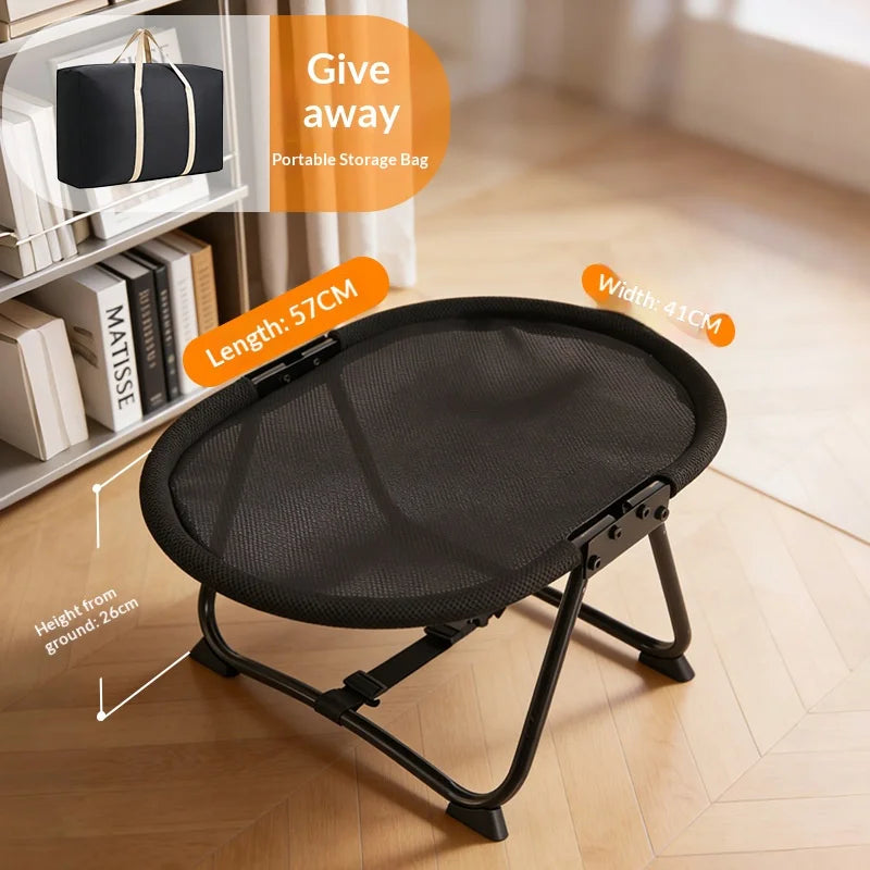 Elevated folding pet cot bed by I YAN with breathable mesh for cats and small dogs, providing a cooling, comfortable resting spot.