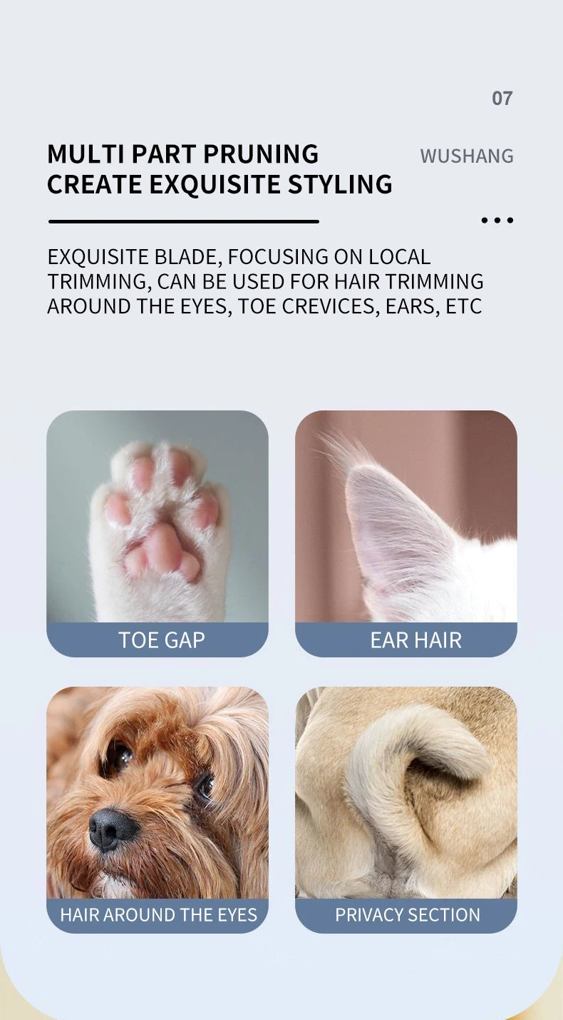I YAN pet grooming trimmer with LED light, waterproof, low noise hair clipper for dogs and cats, shown with grooming blades and LED indicator.