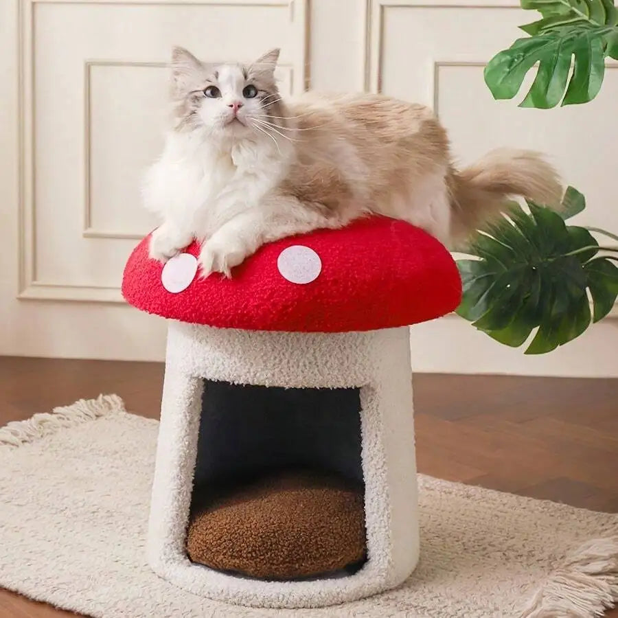 Mushroom Shaped Cat Bed With Scratching Surface, Enlarged Space For Relaxing And Stretching