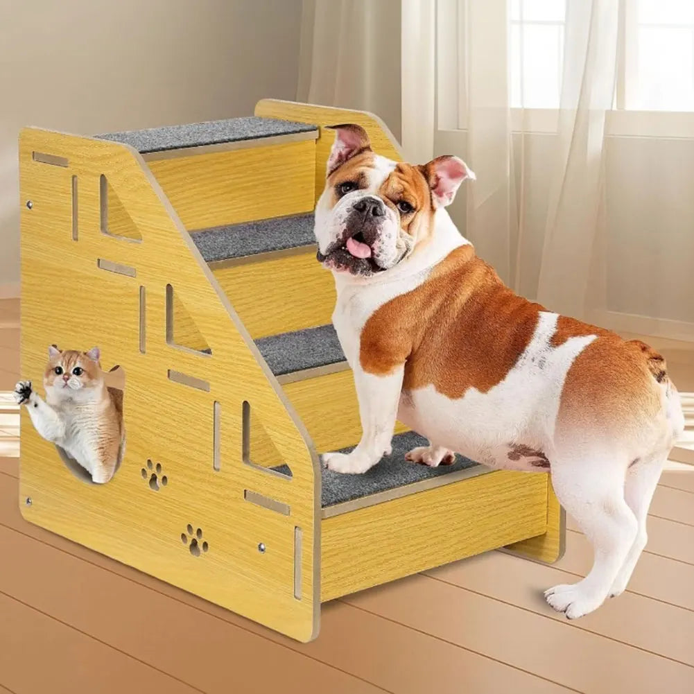 4-Step Wooden Pet Stairs Nonslip Carpeted Cat and Dog Steps Wooden Pet Ladder Pet Furniture for Dogs and Cats for Bed