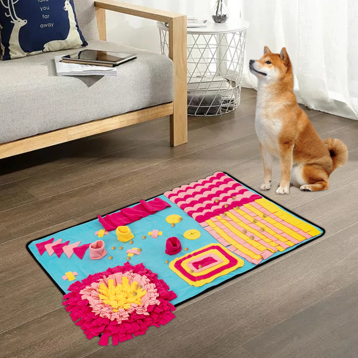 Large fleece dog snuffle mat by I YAN, 70x105cm, interactive slow feeding puzzle mat for dogs with textured fleece surface.
