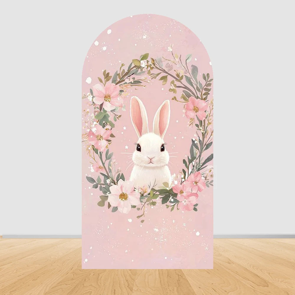 Easter Bunny Rabbit One Birthday Arch Backdrop Cover Pink Dress Floral Bowknot Sweetheart Girl Cake Party Decor Photo Wall