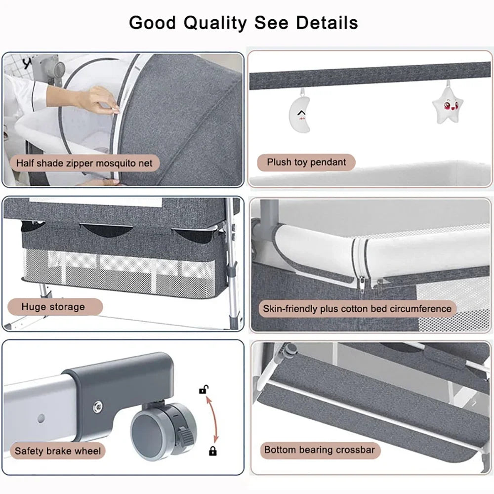 I YAN baby bassinet with automatic electric rocking, remote control, foldable travel co-sleeper for newborns and infants.