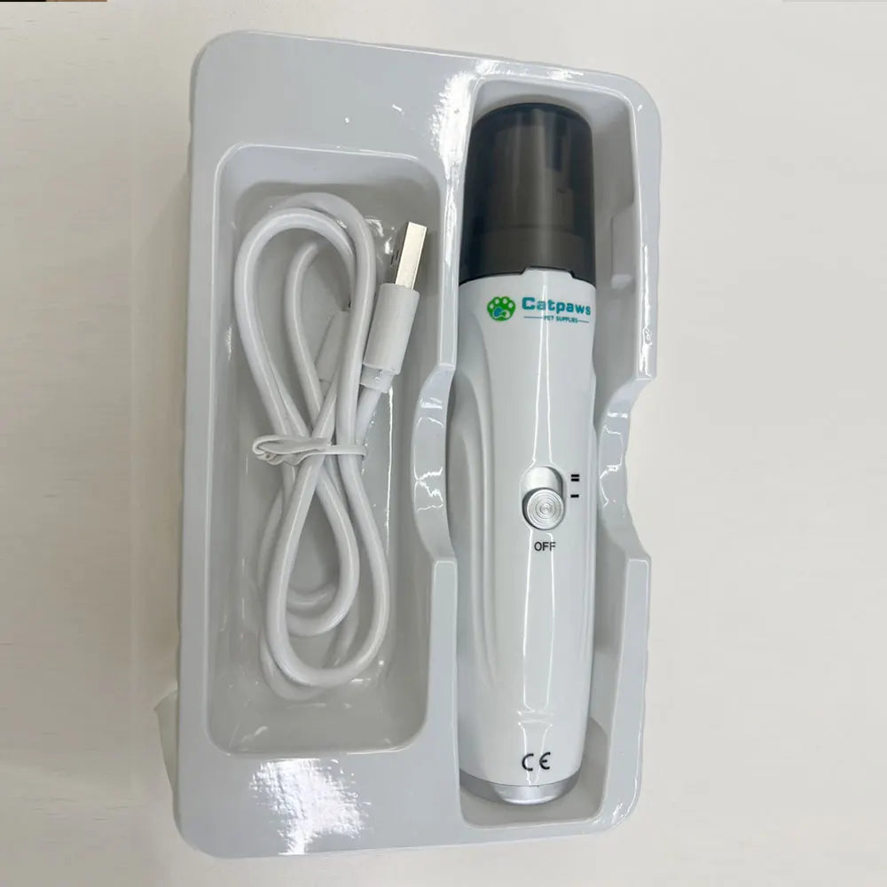I YAN quiet electric pet nail grinder with USB charging for dogs and cats, showing the compact, handheld nail trimming device.