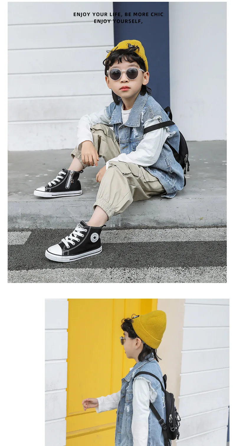 Children's High-Top Canvas Shoes Soft Bottom Comfortable Non-slip Casual Shoes Summer Simple Solid Color Lace-Up Canvas Shoes
