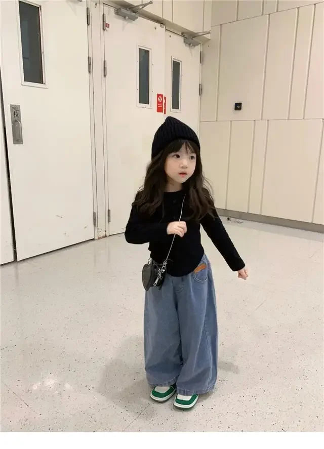 Autunm Clothes 1PCS Children's Denim Pants Girls' Baby Clothes Korean Bottoming Shirts Casual Jeans Girls Wide-leg Pants Tops