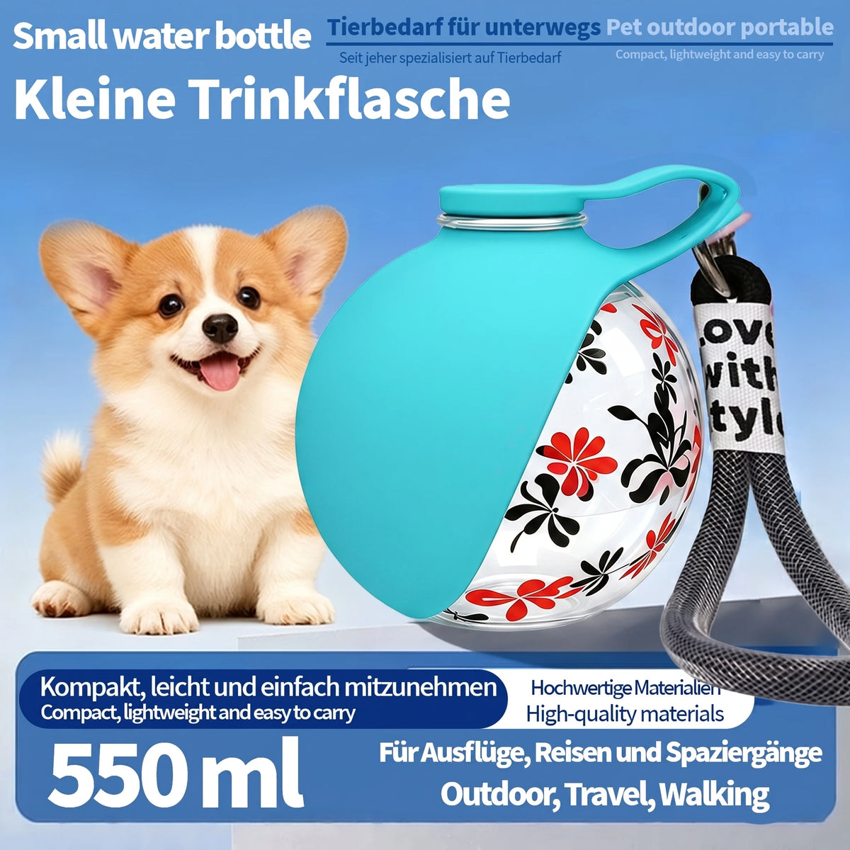 Portable I YAN pet water bottle with detachable bowl, leak-proof travel dispenser and wrist strap for easy pet hydration on the go.