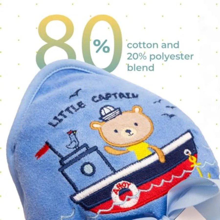 Blue hooded baby bath towel with soft terry fabric and three matching washcloths, ideal newborn essentials from I YAN.