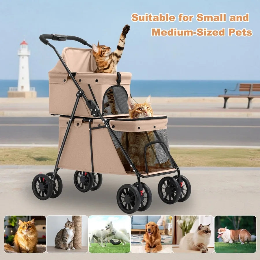 Double Layer Pet Stroller, Foldable Portable Medium Small Cat and Dog Carrier, Breathable Mesh Window, Stable Lightweight 4-Whe