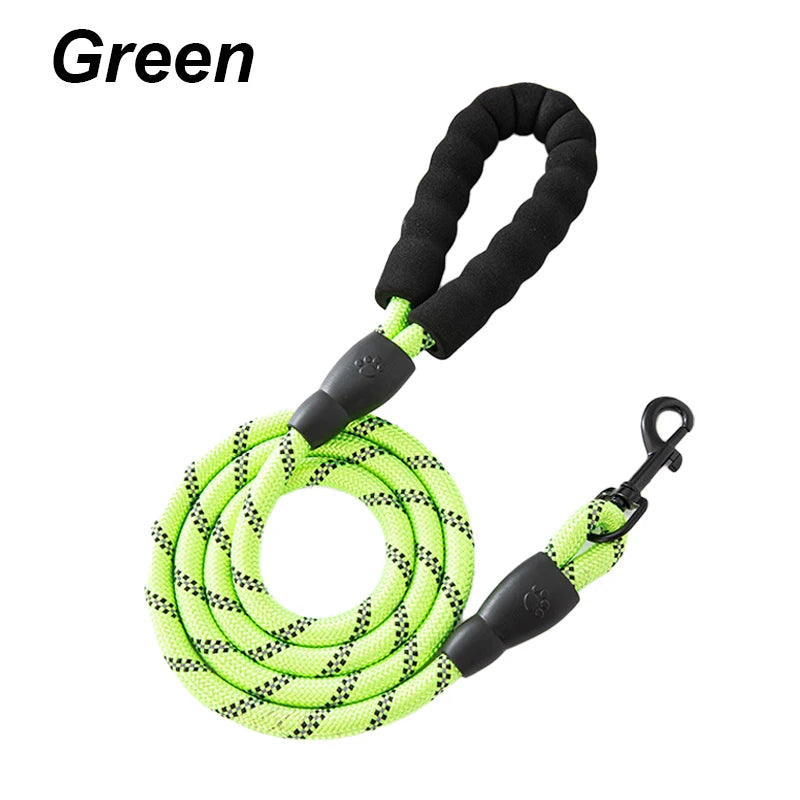 Reflective nylon pet leash with foam handle and adjustable length for large, medium, and small dogs, suitable for outdoor walks.