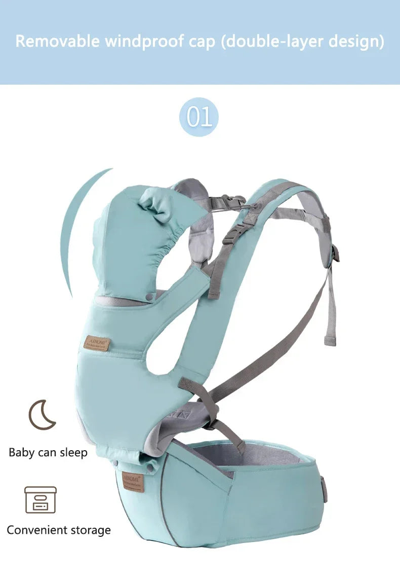 I YAN 3-in-1 baby hipseat carrier backpack with windproof hat, ergonomic infant carrier for 0-36 months, shown on a child.