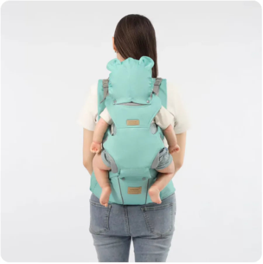I YAN 3-in-1 baby hipseat carrier backpack with windproof hat, ergonomic infant carrier for 0-36 months, shown in black.