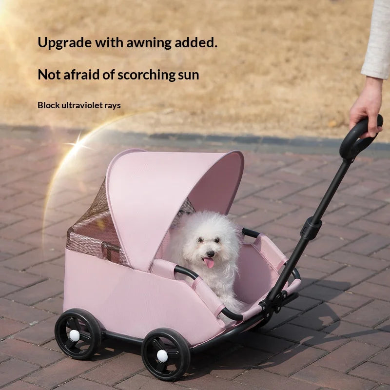 I YAN pet stroller with four wheels, UV protection sun canopy, breathable mesh window, and adjustable handle for small dogs and cats.