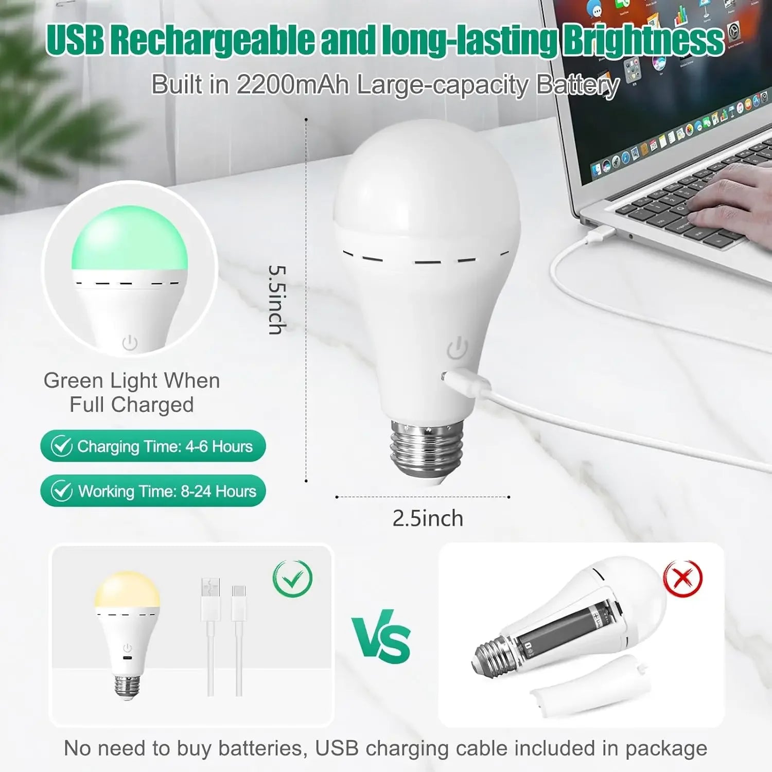 Rechargeable Light Bulb RGB color USB Led Bulb  Smart Bulb Dimmable E27 Bulbs with Timing Cordless Battery Operated Light Bulb