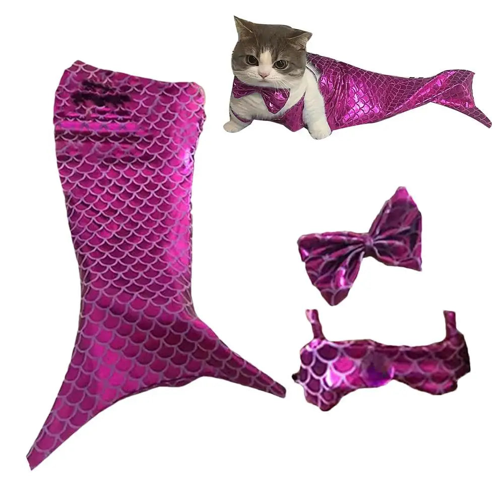 Soft, comfortable I YAN cat mermaid tail costume with sequins, designed for Halloween dress-up and fun pet fashion.