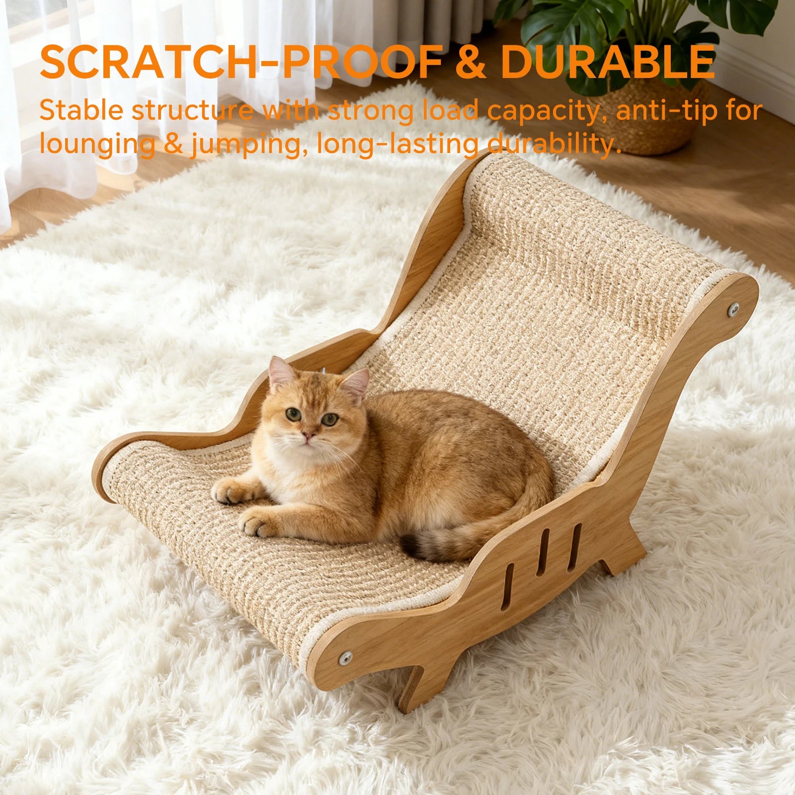 2 in 1 Wooden Cat Scratcher Bed, Multifunctional Cat Recliner Scratching Board with Replaceable Wear Resistant Scratch Pad, Stable Cat Lounge Furniture for Kitten Resting Grinding Claws