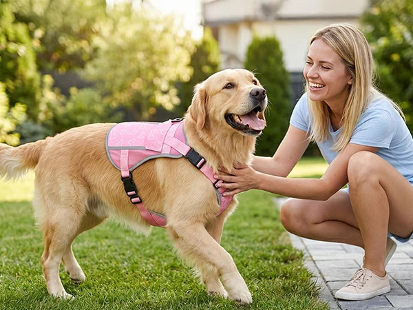 Pink I YAN dog cooling vest harness with 4 ice packs and adjustable straps for large dogs, providing over 180 minutes of cooling.