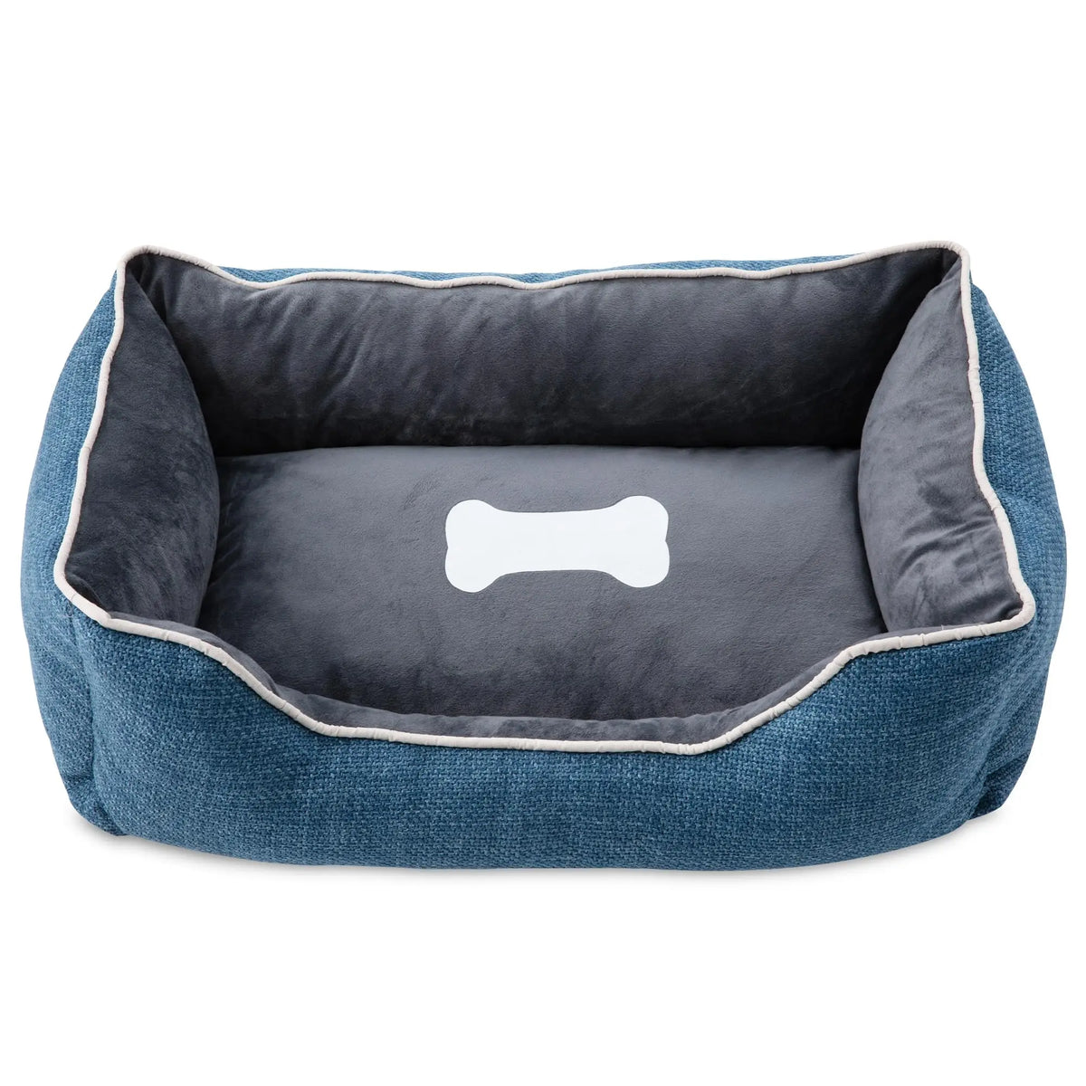Blue plush small dog and cat bed with anti-slip bottom, removable washable cover, cozy pet pillow for indoor and outdoor use.