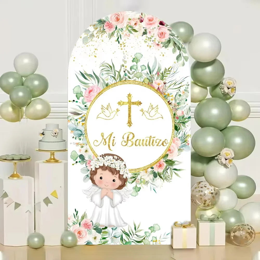 First Communion Arch Backdrop Cover Flowers God Bless Holy Cross Dove Girl Boy Baptism Baby Shower Decor Arched Background Props