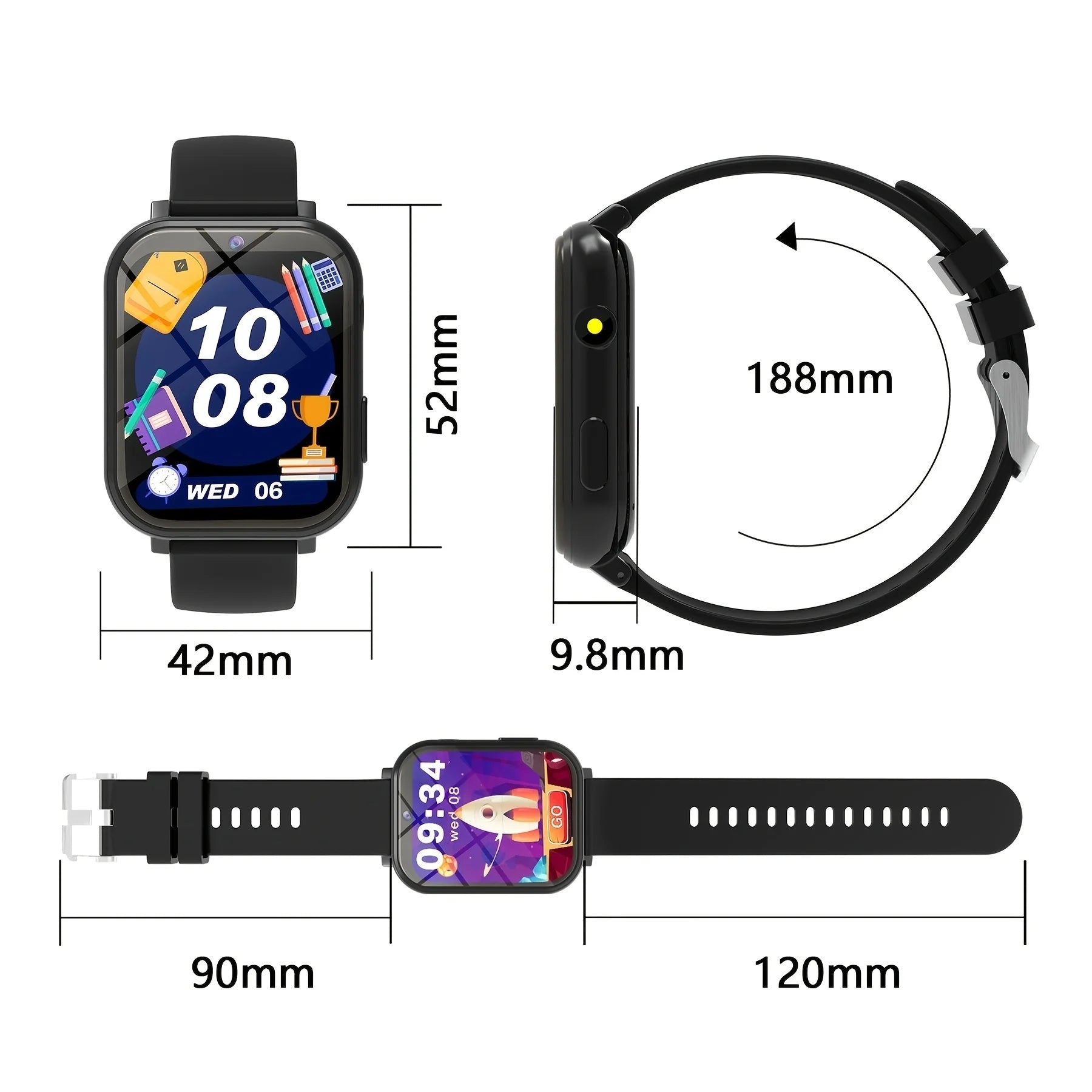 Youngsters' I YAN smartwatch for kids aged 6-12 featuring a touchscreen, camera, music player, puzzles, pedometer, and flashlight.