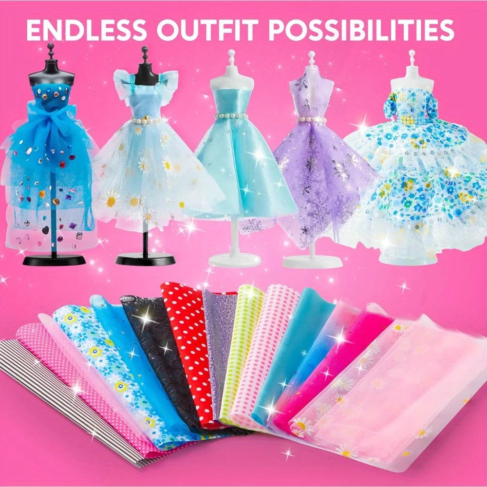 JOYFY fashion design craft kit for kids, includes sewing supplies, 3 mannequins, and colorful accessories for creative DIY projects.