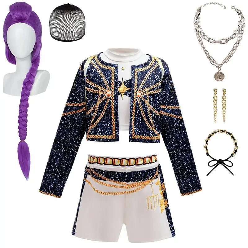 Kids K-Pop girls cosplay costume set featuring Rummi and Zoe character outfits, suitable for children ages 2–12.