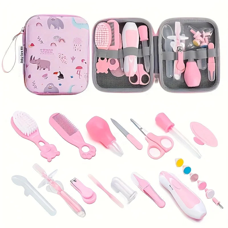 I YAN 14-piece healthcare kit with portable case including nail clippers, ear spoon, comb, brushes, and grooming tools.