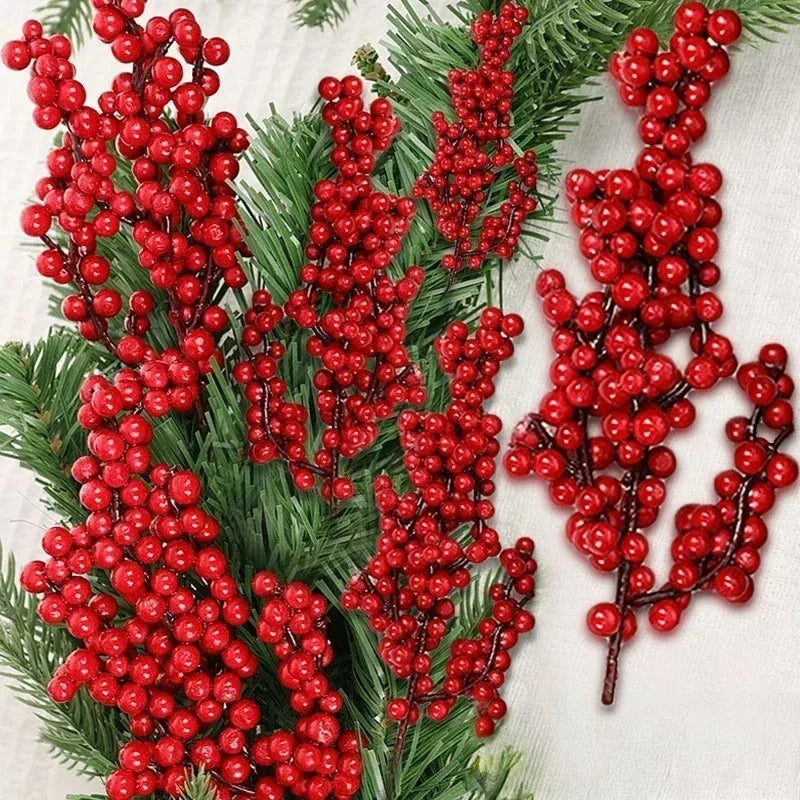 1/60PCS Christmas Red Berries Branch Artificial Holly Berry Stamen Flowers Wreath for Tree Ornaments New Year Party Home Decor