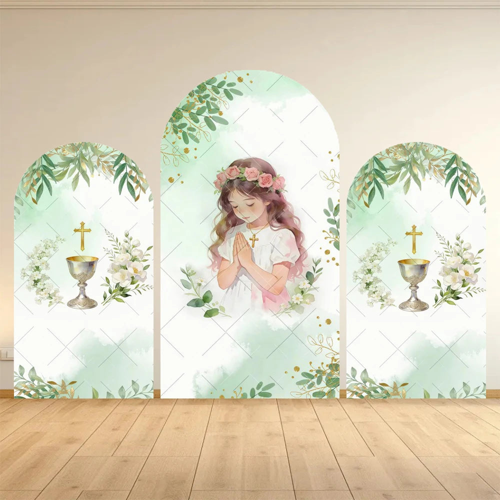 First Holy Communion Arch Backdrop Cover Boys Girls Christening God Bless Cross Green Leaves Decor Backgrounds for Photographs