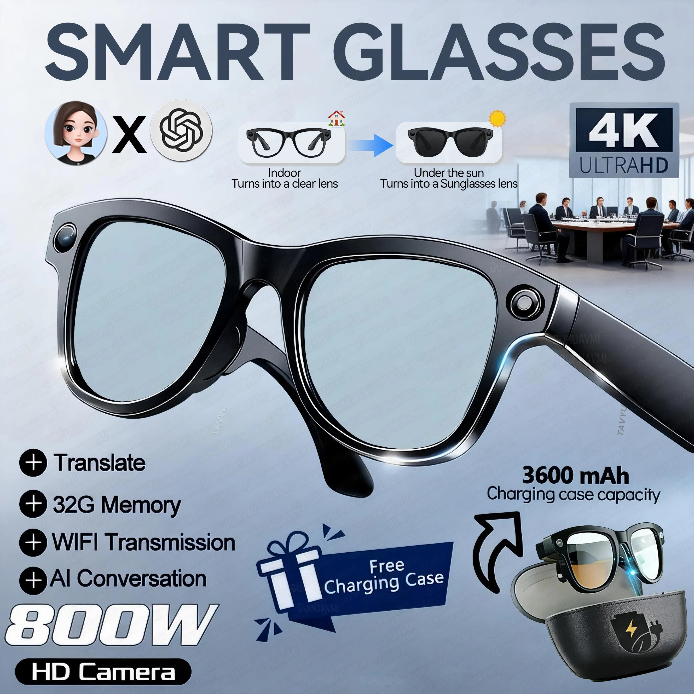 2026 Smart AI Glasses 4K 800W Camera 3600mAh Power Bank 32GB Memory 120+ Translation ChatGPT Music Photos &Video Sunglasses Men
