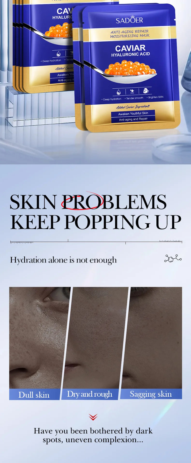 5/10pcs SADOER Caviar Hyaluronic Acid Moisturizing Facial Masks Brightening Firming Hydrating Face Mask Skin Care Products