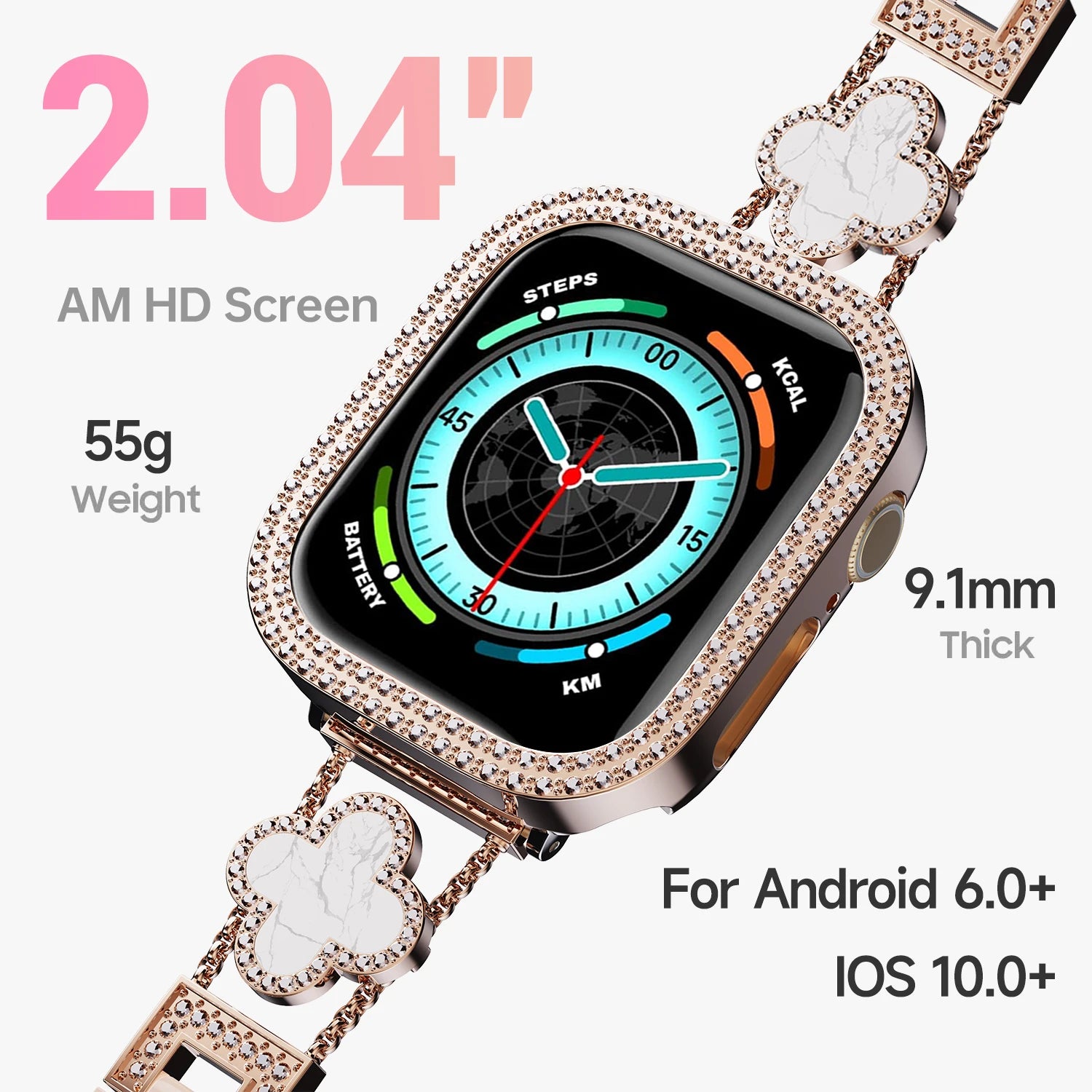 Women's Luxury Rhinestone Smartwatch | 2.04" AMOLED, Bluetooth Calling, Fitness Tracker - I YAN