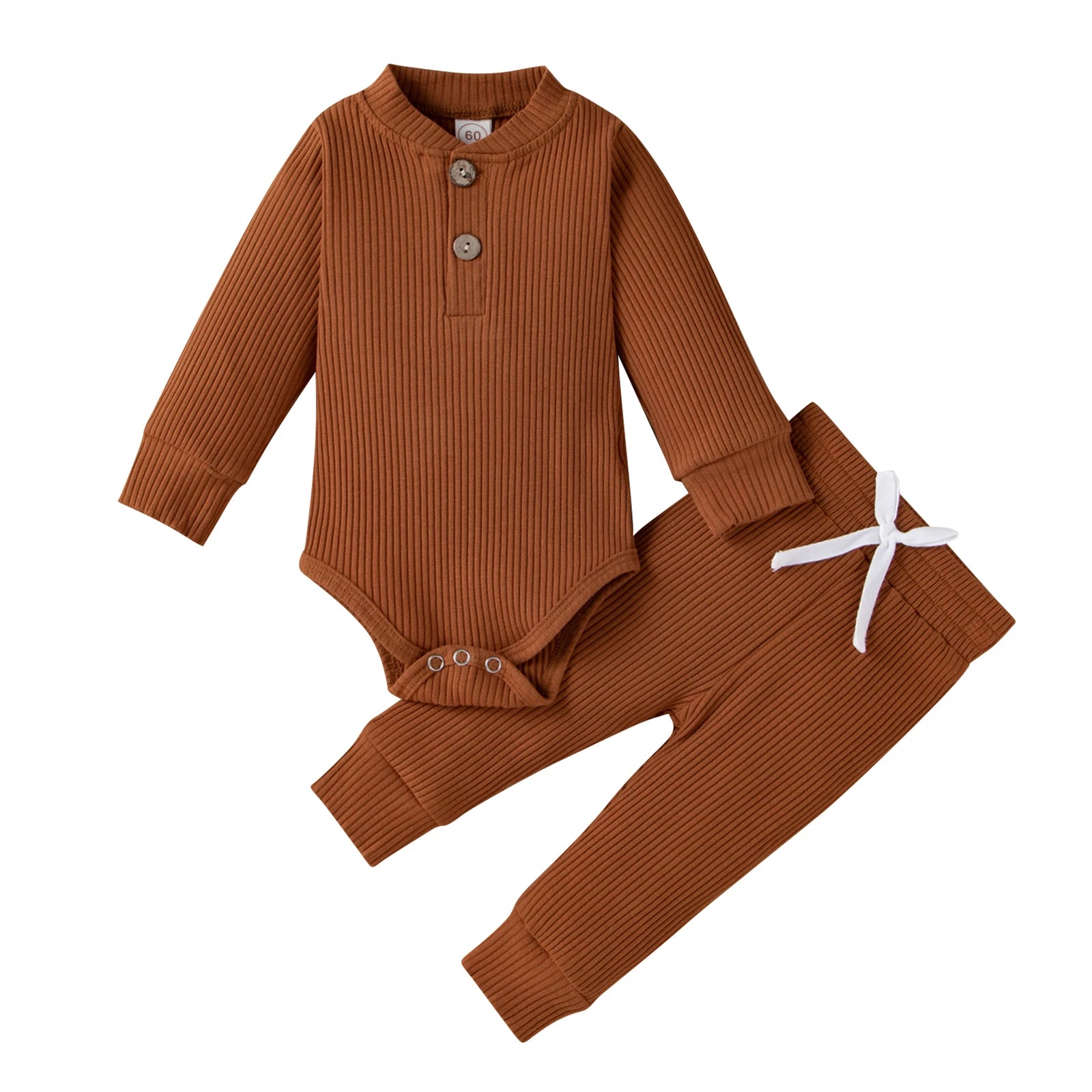 Baby girl and boy spring autumn ribbed and plaid long-sleeve bodysuits with elastic pants, I YAN 2-piece outfit for infants.