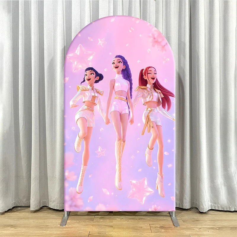 Kpop Demon Hunters Arch Backdrop Cover, Pink Starry Sky Arched Banner for Girls Birthday Party, Custom Spandex Photo Background