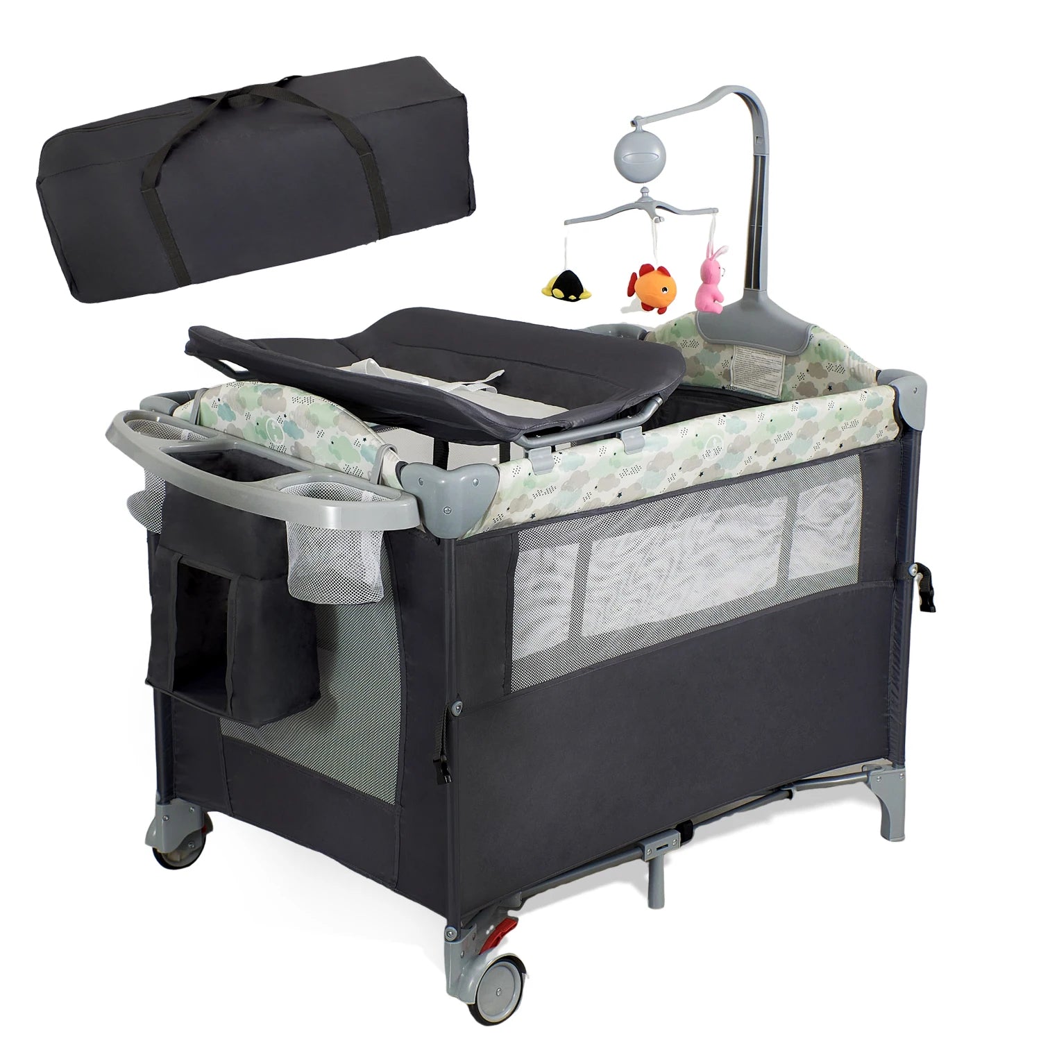 I YAN Pack n Play with bassinet, changing table, lockable wheels, and music box for infants and toddlers, foldable for easy storage.