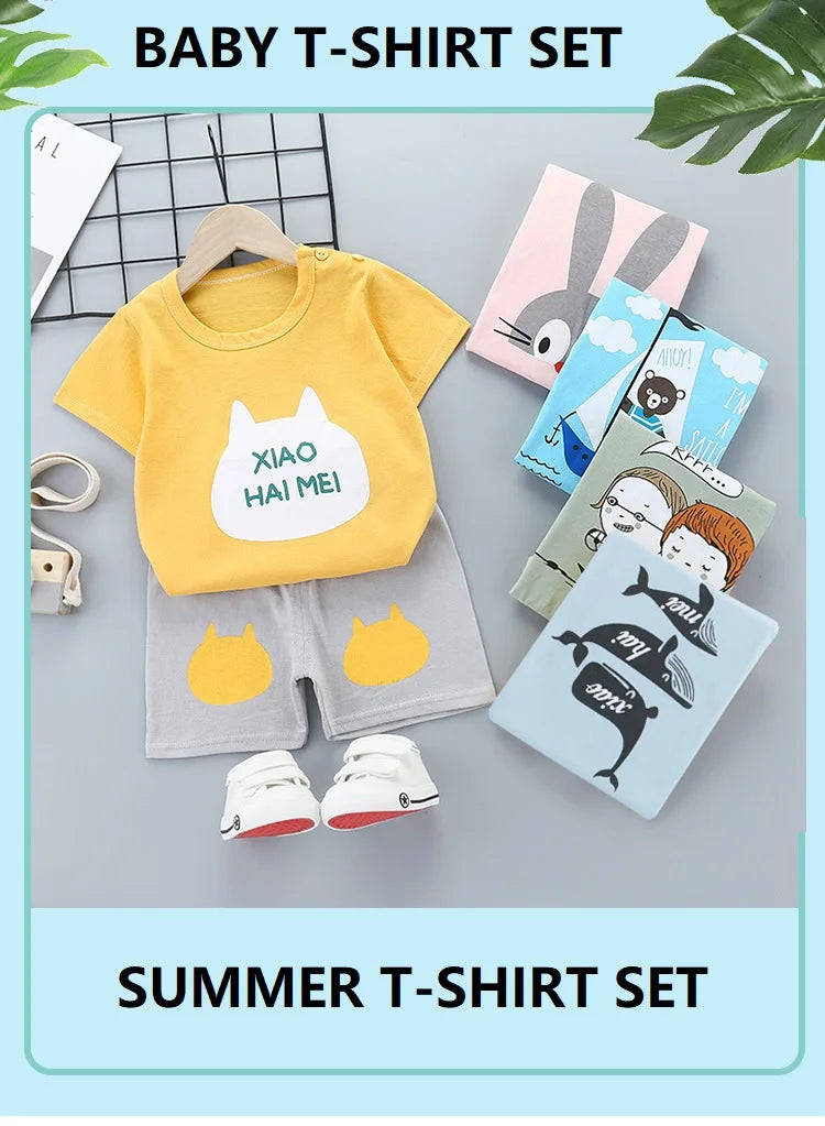 Children's summer clothing set by I YAN with boys and girls T-shirts and shorts, made of cotton for toddlers and babies.