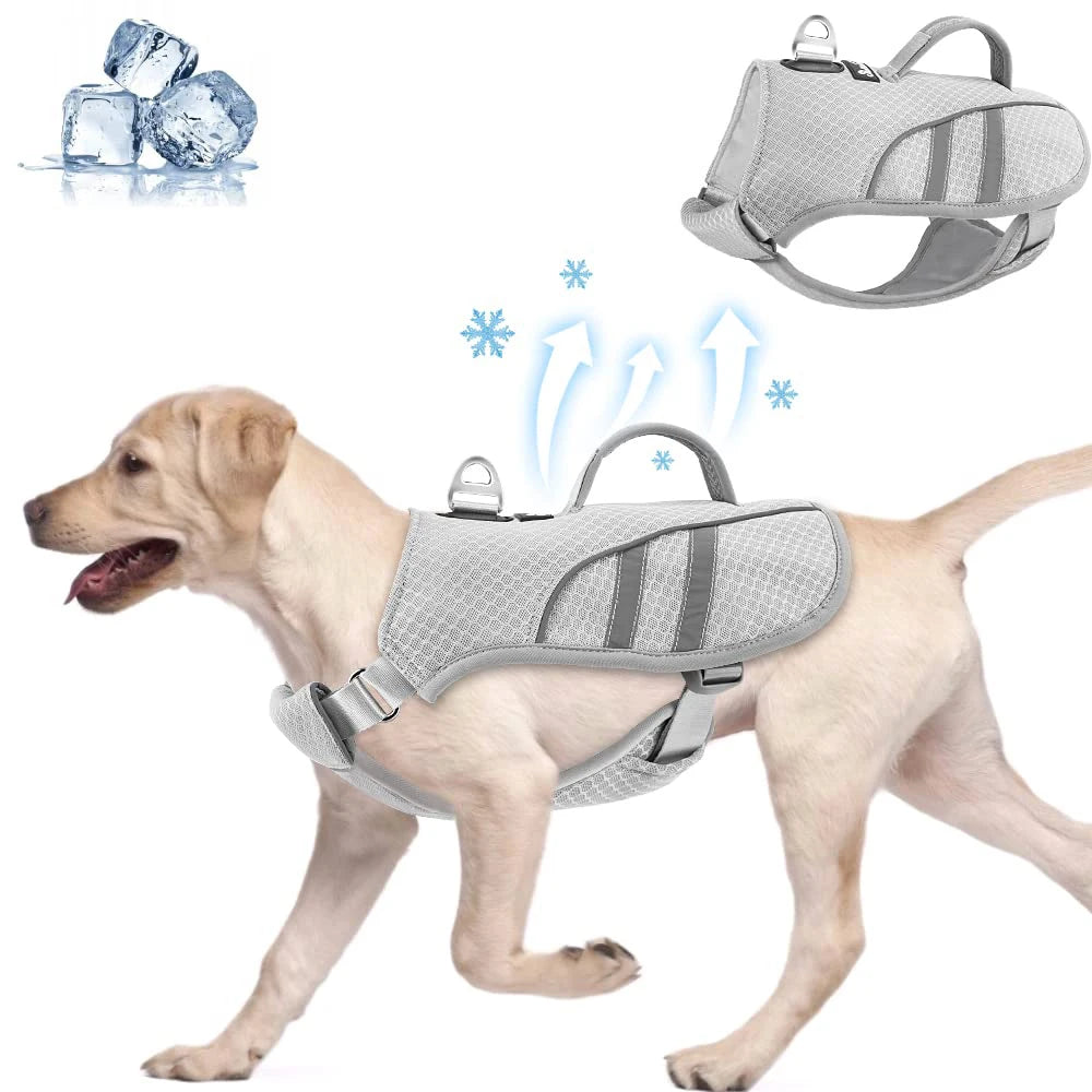 I YAN dog cooling vest harness with breathable fabric and ice pack pocket, designed for medium and large dogs.