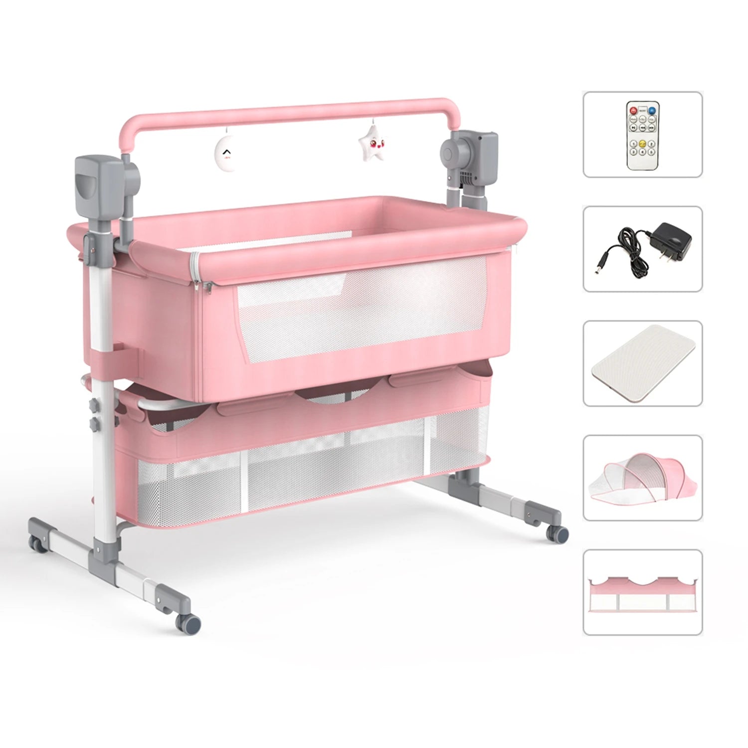I YAN baby bassinet with automatic electric rocking, foldable design, bedside co-sleeper for newborns, remote control included