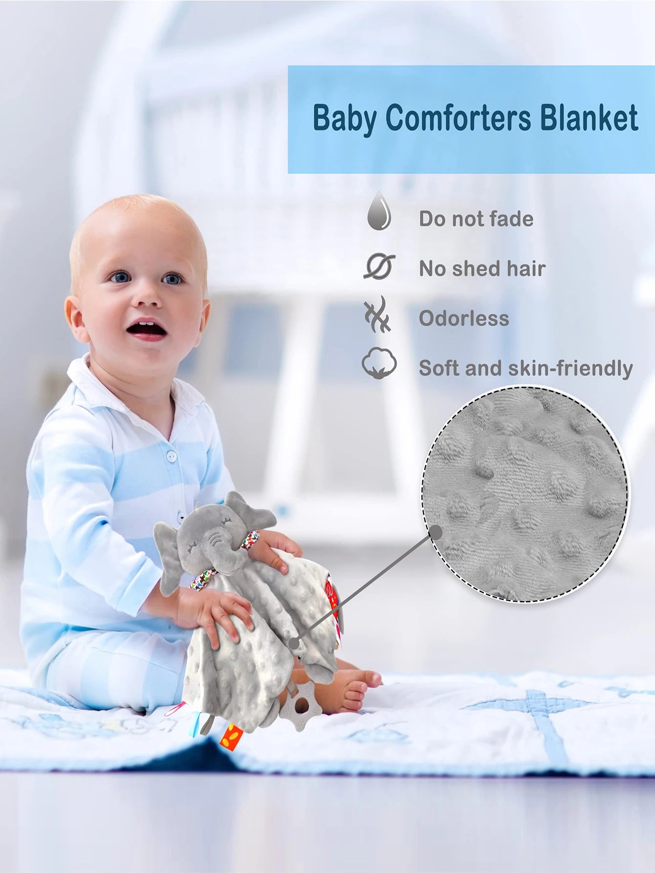 Soft elephant baby comforter blanket with rattle and hanging toy, designed to soothe and comfort toddlers during sleep.