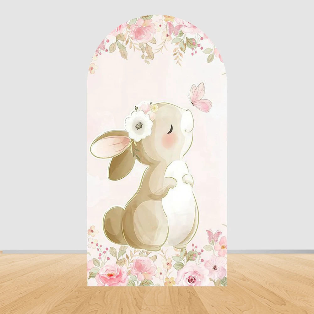 Easter Bunny Rabbit One Birthday Arch Backdrop Cover Pink Dress Floral Bowknot Sweetheart Girl Cake Party Decor Photo Wall
