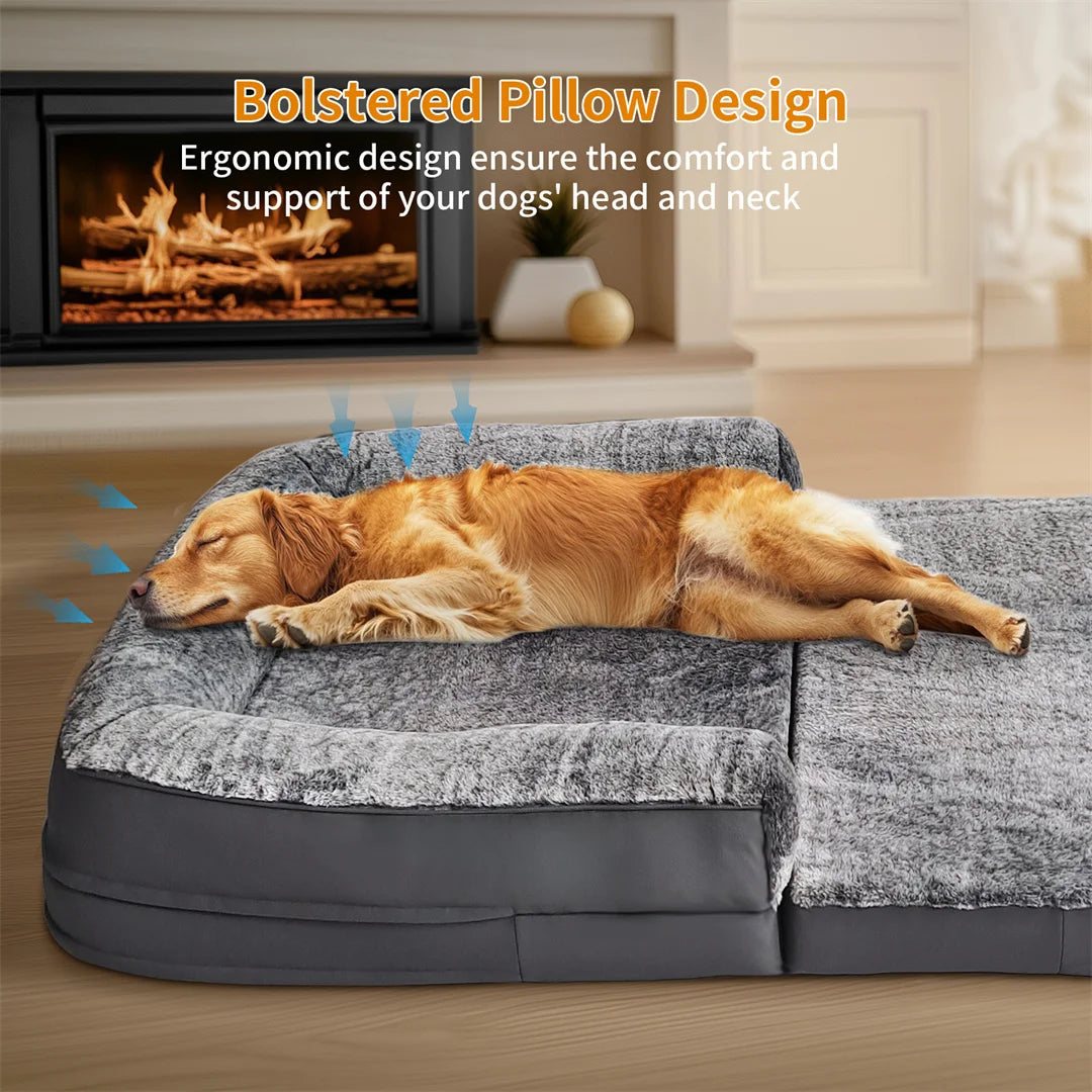 I YAN 180cm giant dog bed with plush cover, foldable and orthopedic for large dogs, providing a calming, comfortable resting spot.