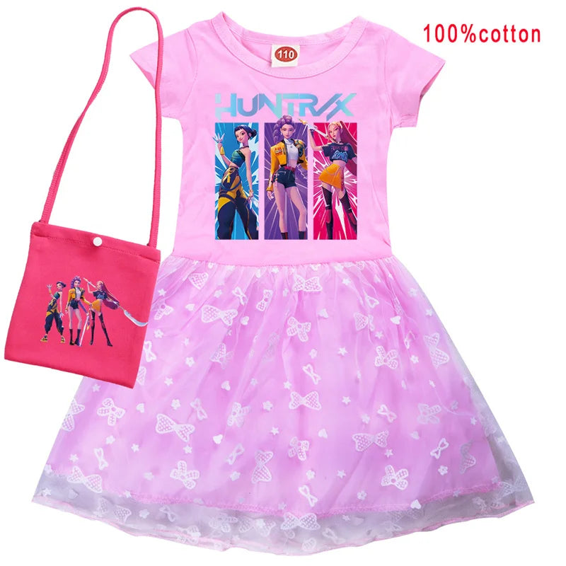 KPop Demon Hunters Rumi Dress Kids Summer Dress Baby Girl's Casual Dresses & Bag 2pcs Sets Lovely Wedding Party Princess Vestido